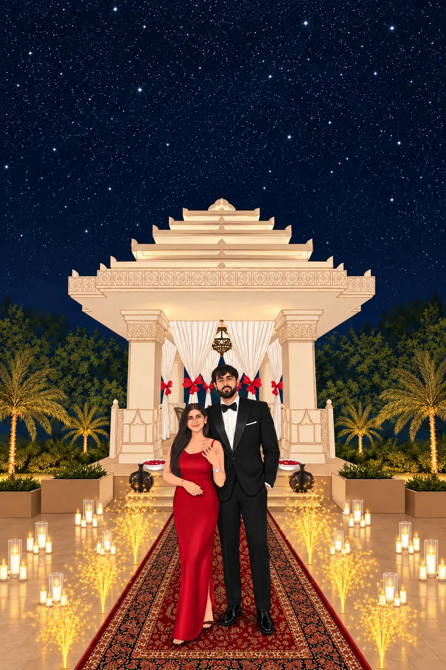 Samiksha and Vasu at a starlit mandap