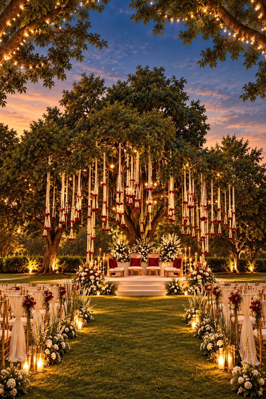 Garden mandap under twinkling lights